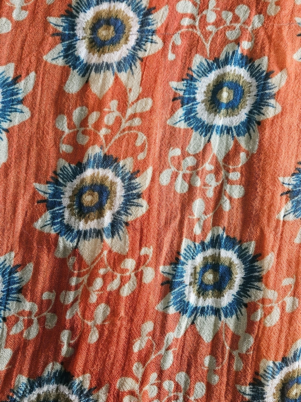 Orange Large Fringed Soft Scarf/Wrap with Teal, Olive, and Beige Floral Print - Picture 2 of 2